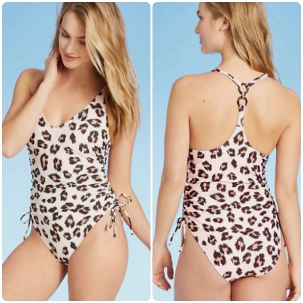 Kona Sol One Piece Swimsuit Womens Large Leopard Print Side Ruching Ties
